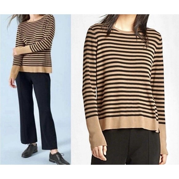EILEEN FISHER Women’s Tencel/Silk Tan/Black Striped Pullover TopSweater Sz M - Picture 3 of 16